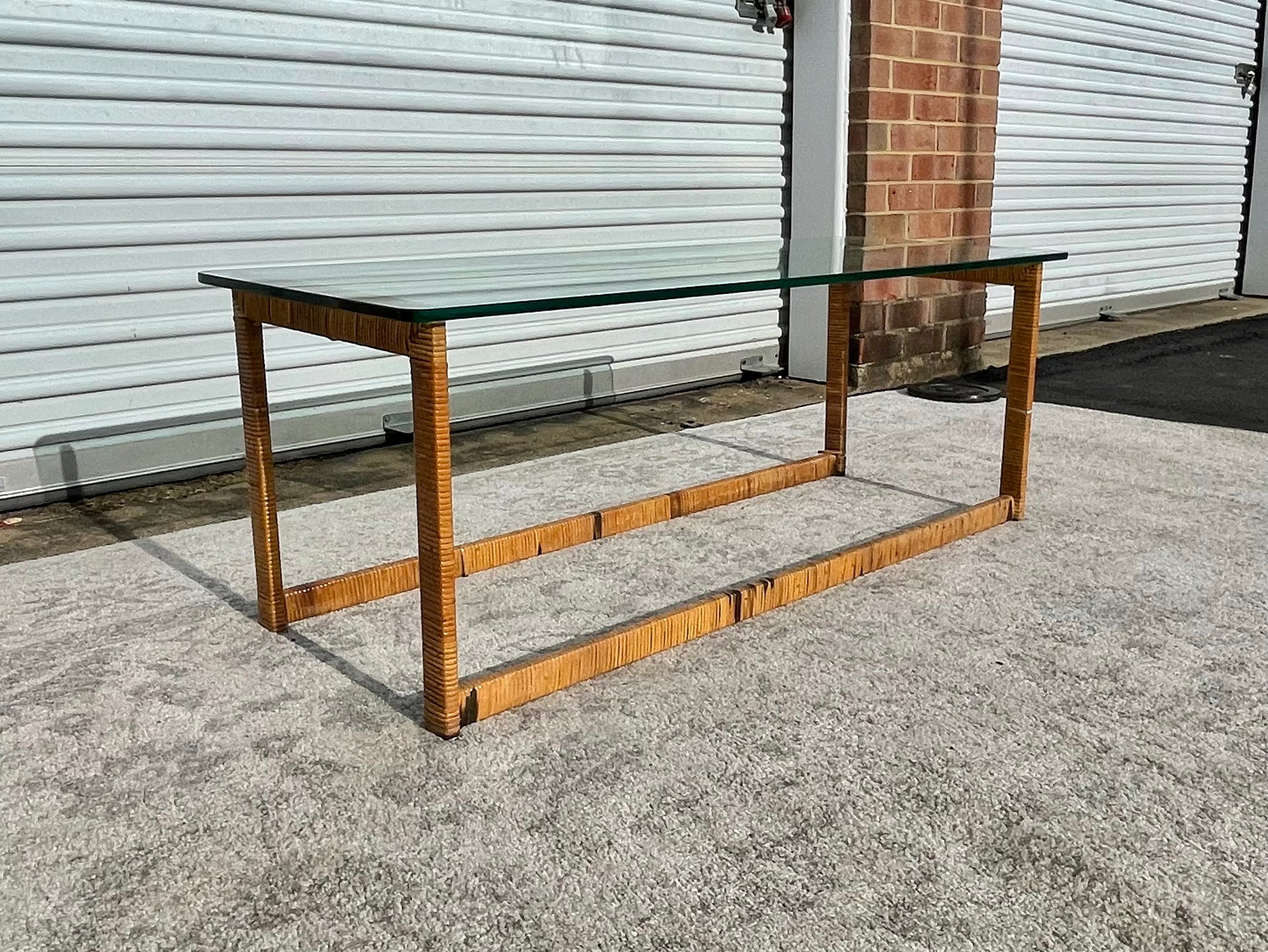 Vintage Rattan Wrapped Glass Coffee Table