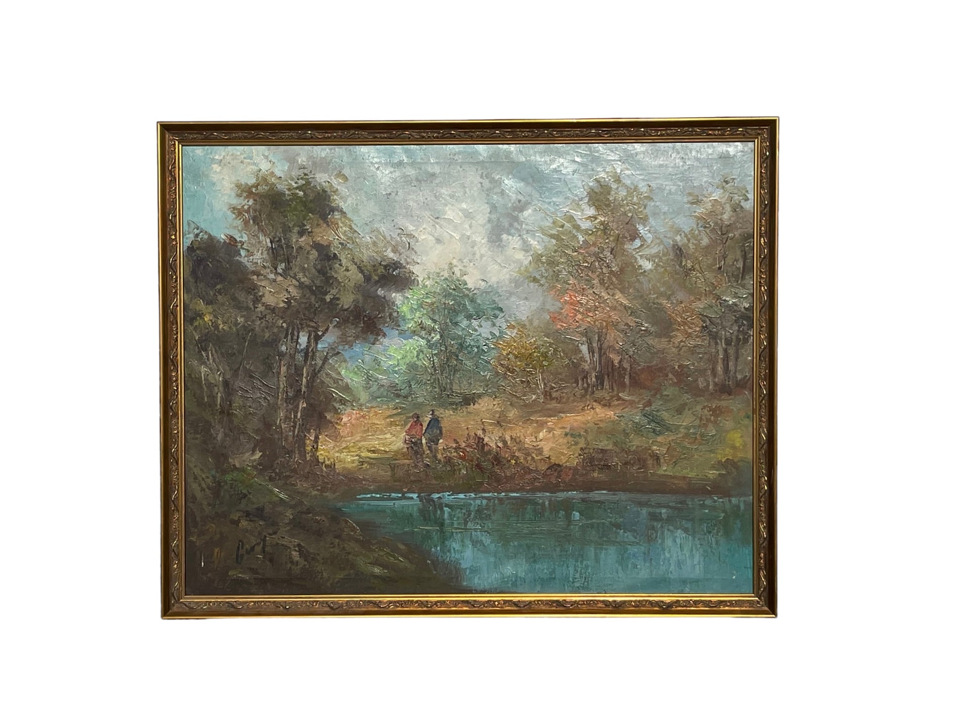 Vintage Oil on Canvas Couple at the River