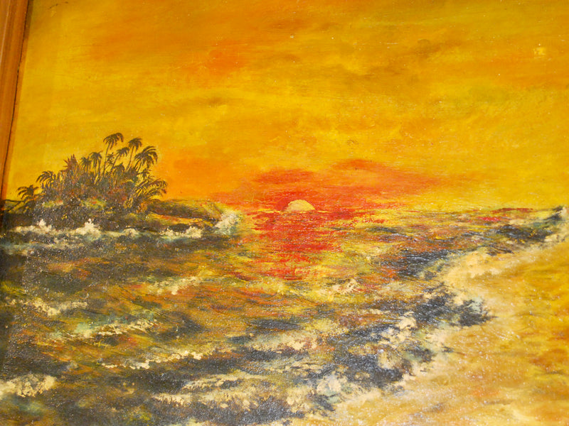 Midcentury Island Sunset Oil on Board Signed 1948