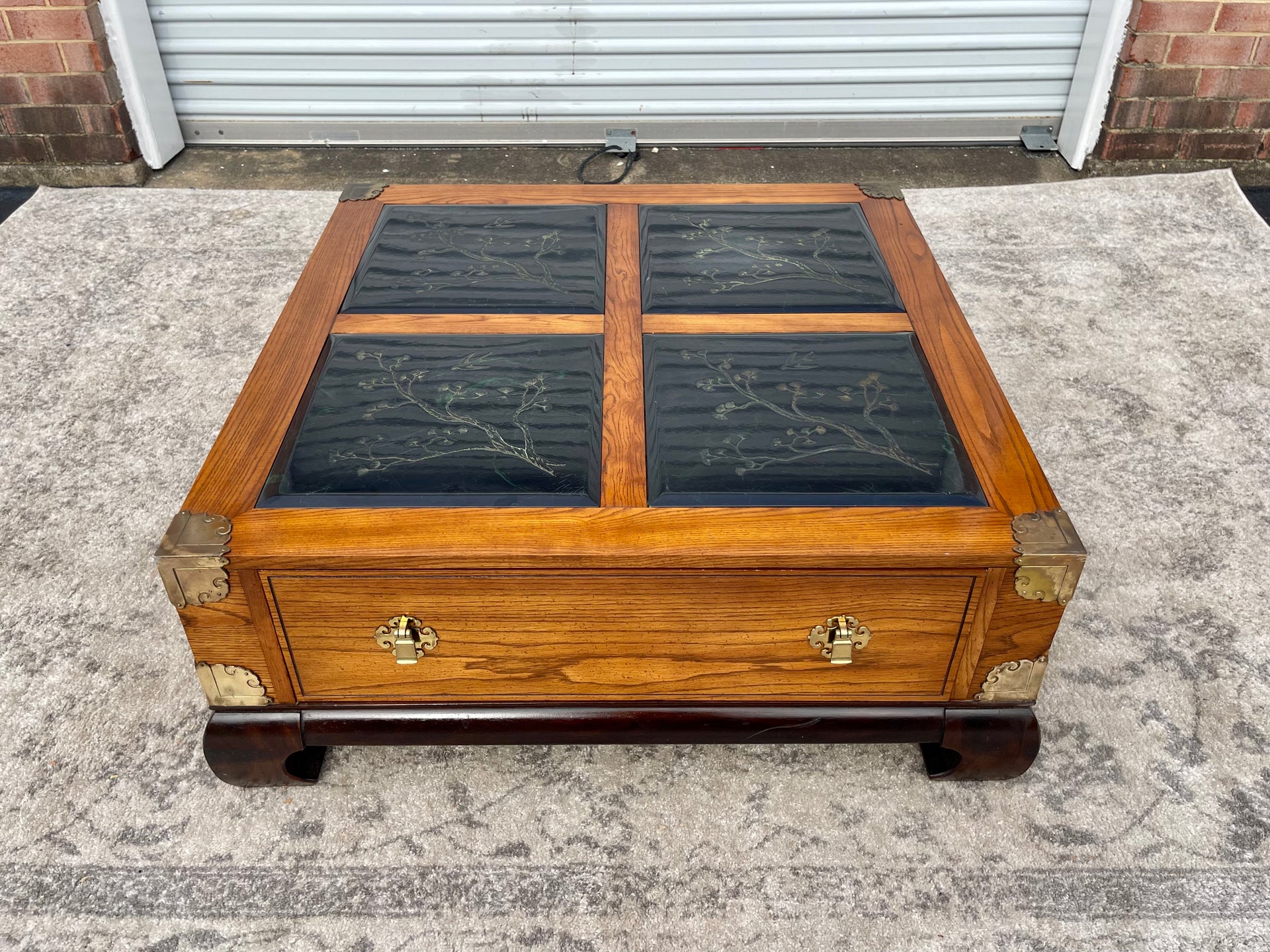 Chinoiserie Asian Inspired Bassett Coffee Table with Brass Accents