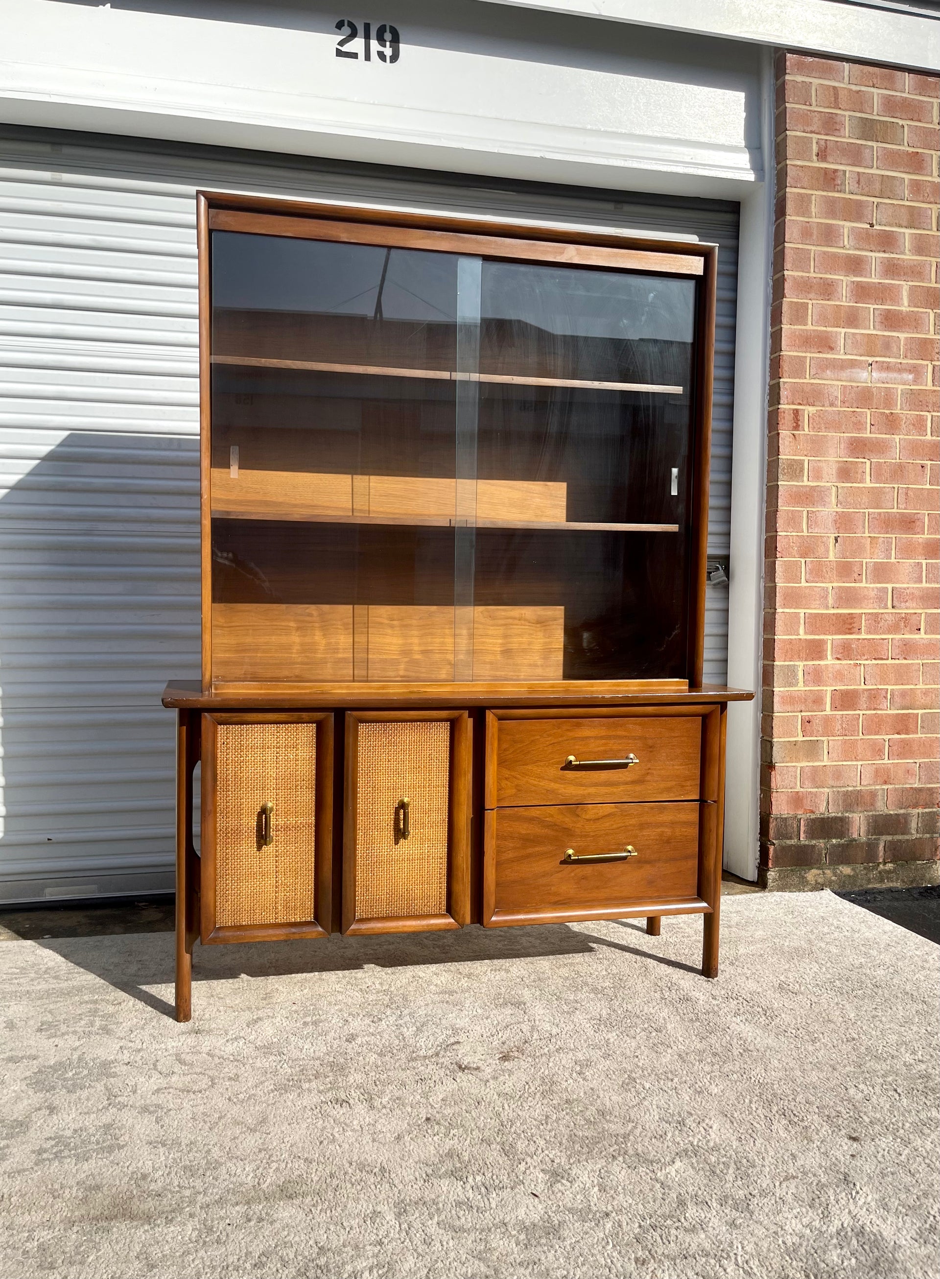Mid Century Rattan Glass Fronted China Cabinet