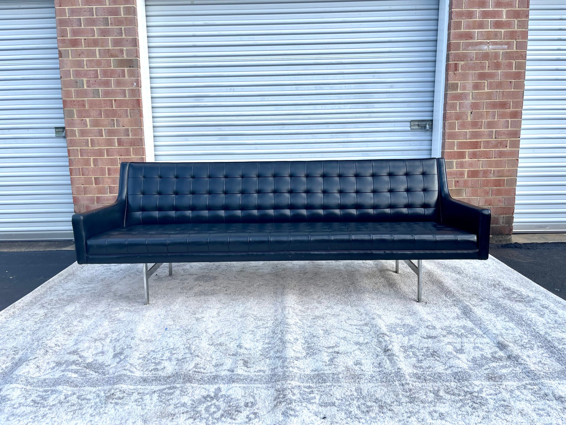 Midcentury Black Faux Leather Vinyl Tufted Long Low Sofa by Patrician