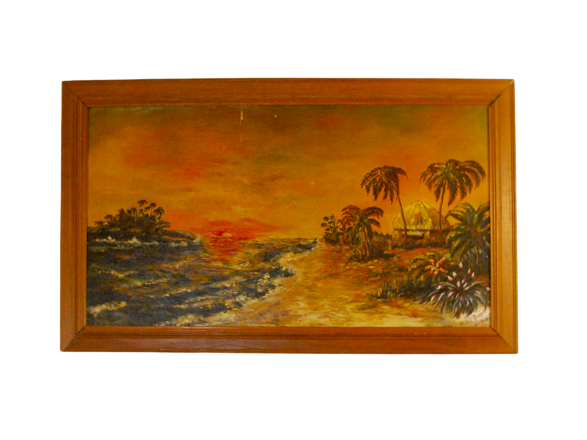 Midcentury Island Sunset Oil on Board Signed 1948