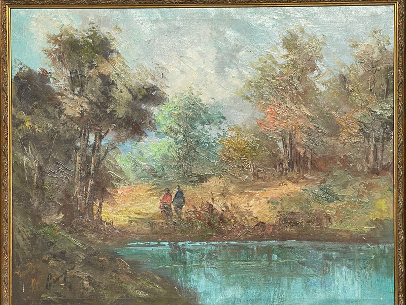 Vintage Oil on Canvas Couple at the River