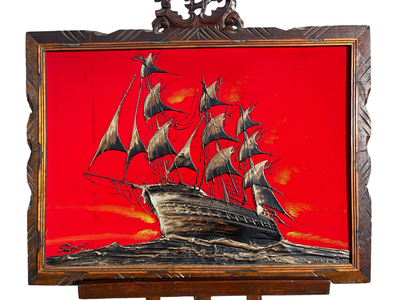 Sosa Mid Century Oil on Velvet Ship Painting
