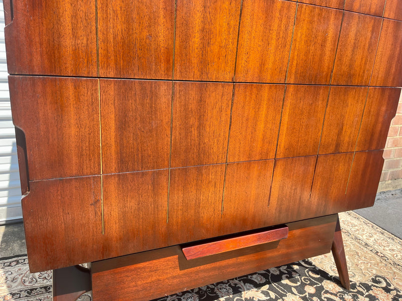 Mid Century Modern Red Mahogany Chest of Drawers with Brass Inlay