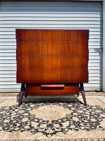 Mid Century Modern Red Mahogany Chest of Drawers with Brass Inlay