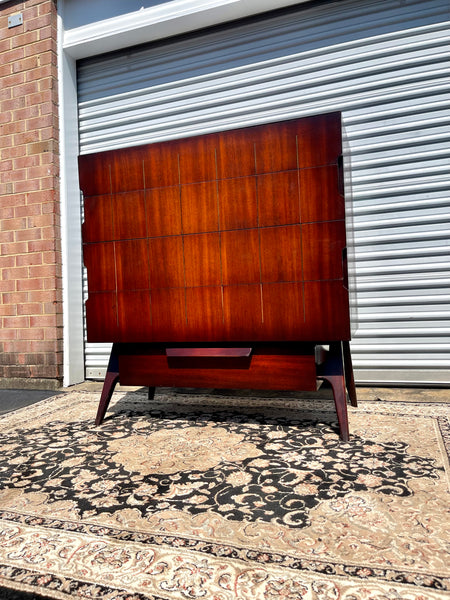 Mid Century Modern Red Mahogany Chest of Drawers with Brass Inlay