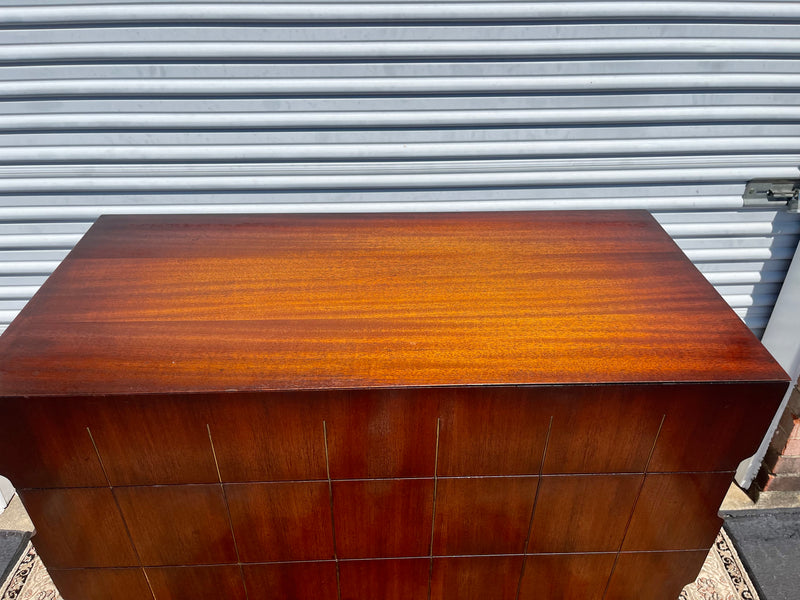 Mid Century Modern Red Mahogany Chest of Drawers with Brass Inlay